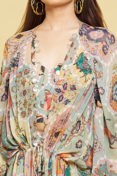 Shop Rajat K Tangri Multi Color Crepe, Georgette Tassels Mughal Motifs Ruched Jacket And Pant Set Online at Aza Fashions Shop_Rajat K Tangri_Multi Color Crepe, Georgette Tassels Mughal Motifs Ruched Jacket And Pant Set _Online_at_Aza_Fashions