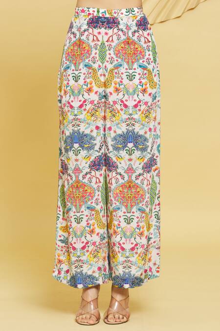 Buy Rajat K Tangri Ivory Crepe, Georgette Tassels Botanical Pattern Ruched Jacket And Pant Set Buy_Rajat K Tangri_Ivory Crepe, Georgette Tassels Botanical Pattern Ruched Jacket And Pant Set