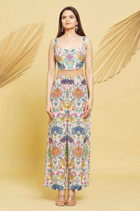 Rajat K Tangri Ivory Crepe, Georgette Tassels Botanical Pattern Ruched Jacket And Pant Set Online at Aza Fashions Rajat K Tangri_Ivory Crepe, Georgette Tassels Botanical Pattern Ruched Jacket And Pant Set _Online_at_Aza_Fashions