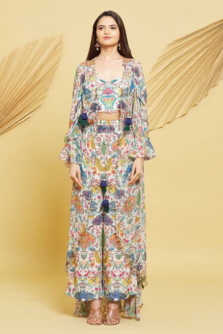 Buy Rajat K Tangri Ivory Crepe, Georgette Tassels Botanical Pattern Ruched Jacket And Pant Set Online at Aza Fashions Buy_Rajat K Tangri_Ivory Crepe, Georgette Tassels Botanical Pattern Ruched Jacket And Pant Set _Online_at_Aza_Fashions