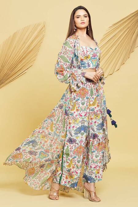 Shop Rajat K Tangri Ivory Crepe, Georgette Tassels Botanical Pattern Ruched Jacket And Pant Set Online at Aza Fashions Shop_Rajat K Tangri_Ivory Crepe, Georgette Tassels Botanical Pattern Ruched Jacket And Pant Set _Online_at_Aza_Fashions