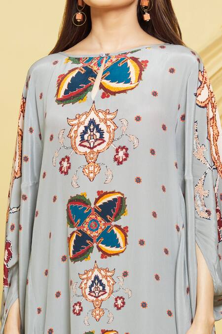 Shop Rajat K Tangri Gray Boat Neck Floral Kaftan Tunic And Pant Set Online at Aza Fashions Shop_Rajat K Tangri_Gray Boat Neck Floral Kaftan Tunic And Pant Set _Online_at_Aza_Fashions