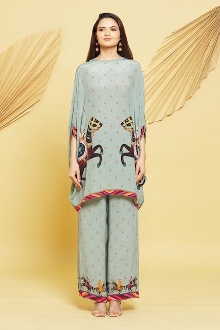 Rajat K Tangri Gray Boat Neck Mughal Horse Pattern Kaftan And Pant Set Online at Aza Fashions Rajat K Tangri_Gray Boat Neck Mughal Horse Pattern Kaftan And Pant Set _Online_at_Aza_Fashions