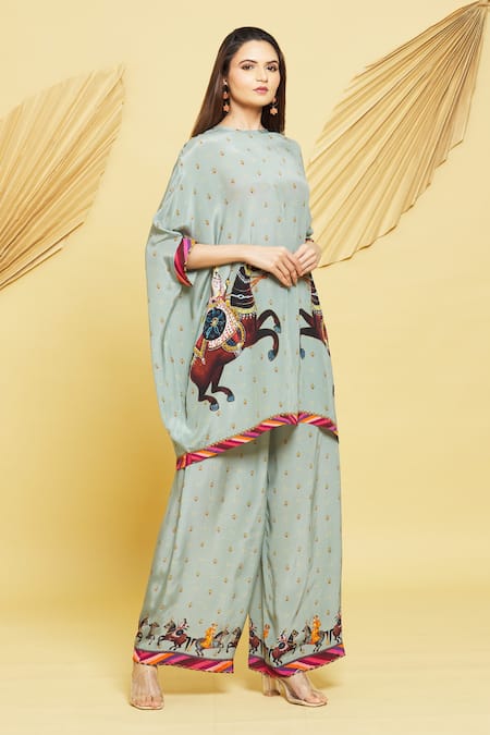 Buy Rajat K Tangri Gray Boat Neck Mughal Horse Pattern Kaftan And Pant Set Online at Aza Fashions Buy_Rajat K Tangri_Gray Boat Neck Mughal Horse Pattern Kaftan And Pant Set _Online_at_Aza_Fashions