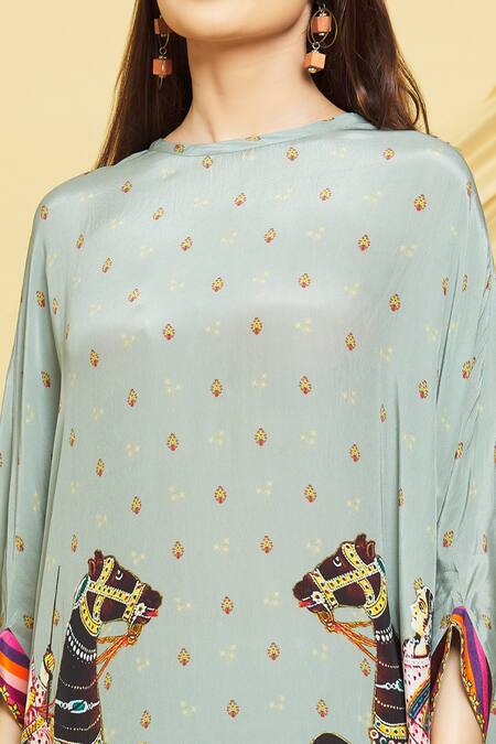 Shop Rajat K Tangri Gray Boat Neck Mughal Horse Pattern Kaftan And Pant Set Online at Aza Fashions Shop_Rajat K Tangri_Gray Boat Neck Mughal Horse Pattern Kaftan And Pant Set _Online_at_Aza_Fashions