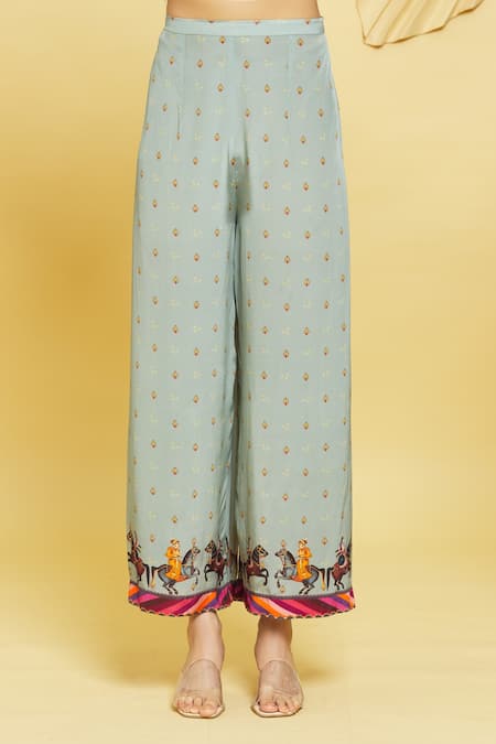 Rajat K Tangri Gray Boat Neck Mughal Horse Pattern Kaftan And Pant Set at Aza Fashions Rajat K Tangri_Gray Boat Neck Mughal Horse Pattern Kaftan And Pant Set _at_Aza_Fashions