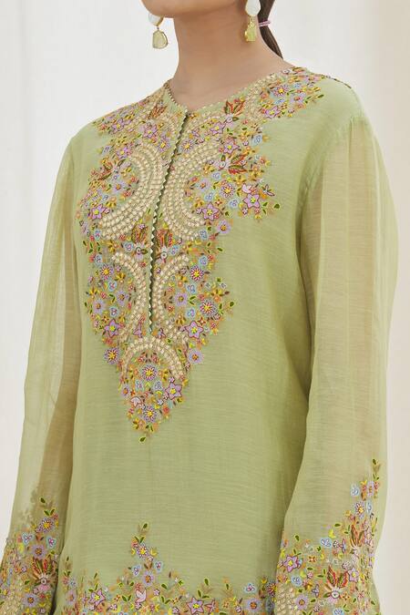 Buy Anamika Khanna Green Cotton Embroidery Round Neck Floret Kurta Sharara Set Online at Aza Fashions Buy_Anamika Khanna_Green Cotton Embroidery Round Neck Floret Kurta Sharara Set_Online_at_Aza_Fashions