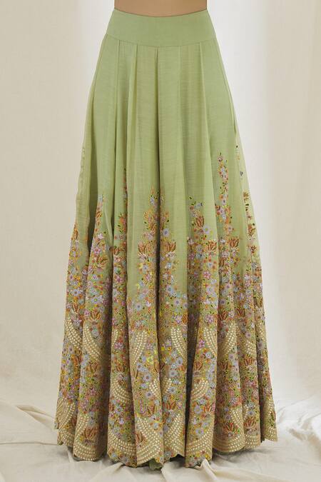 Shop Anamika Khanna Green Cotton Embroidery Round Neck Floret Kurta Sharara Set Online at Aza Fashions Shop_Anamika Khanna_Green Cotton Embroidery Round Neck Floret Kurta Sharara Set_Online_at_Aza_Fashions