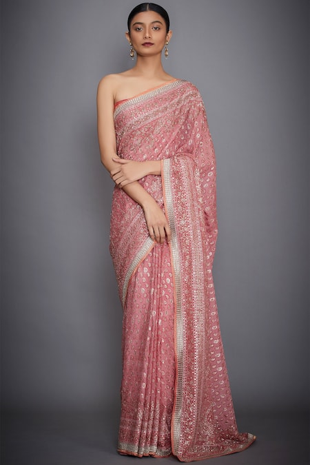 RI.Ritu Kumar Pink Silk Chinon Embroidered Saree 