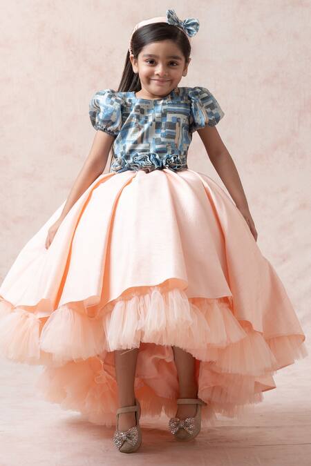 Buy_Thetaa_Pink Silk, Net, Satin, Polyester Geometric Print High Low Hem Layered Gown _Online_at_Aza_Fashions