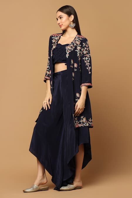 Shop_Two Sisters By Gyans_Blue Crepe Embroidery Sweetheart Neck Floral Cape And Draped Skirt Set _Online_at_Aza_Fashions