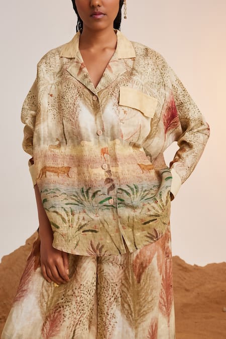 Cord_Beige Linen Embroidery Collared Botanical Print Shirt And Pant Set_Online_at_Aza_Fashions