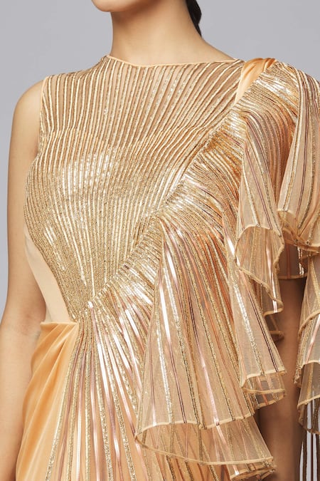 Shop Amit Aggarwal Gold Chiffon Metallic Thread Round Neck Striped Ruffle Gown Online at Aza Fashions Shop_Amit Aggarwal_Gold Chiffon Metallic Thread Round Neck Striped Ruffle Gown _Online_at_Aza_Fashions