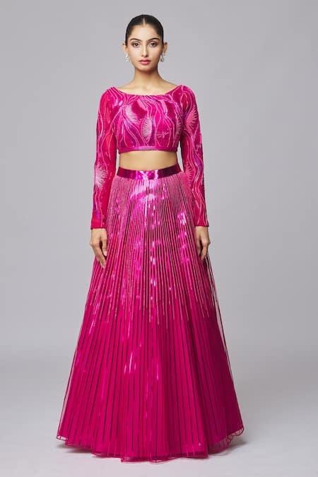 Amit Aggarwal_Fuchsia Tulle Beads, Metallic Thread Boat Neck Striped Lehenga Set _Online_at_Aza_Fashions