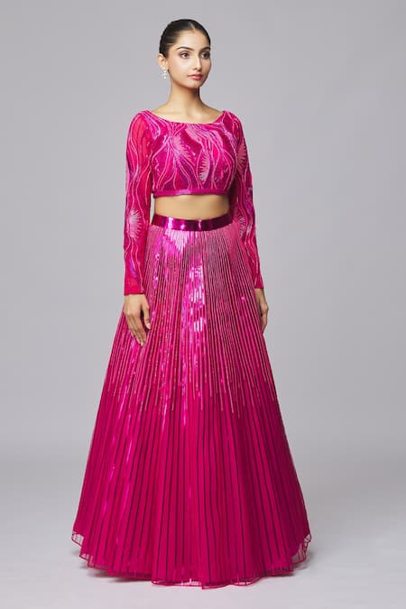 Buy_Amit Aggarwal_Fuchsia Tulle Beads, Metallic Thread Boat Neck Striped Lehenga Set _Online_at_Aza_Fashions
