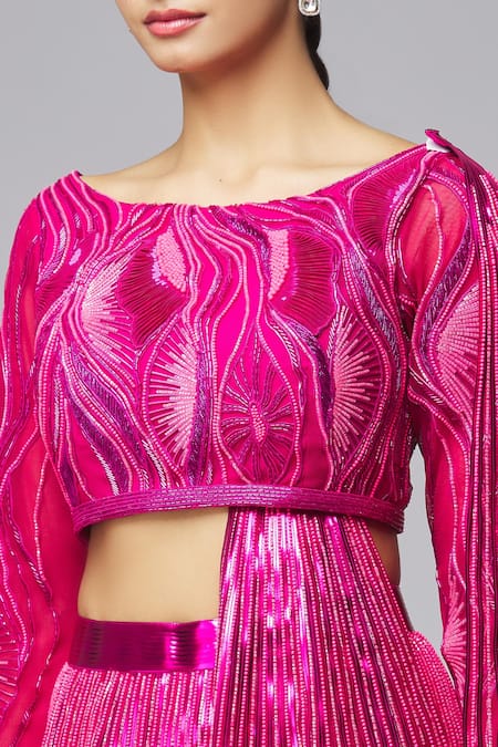 Shop_Amit Aggarwal_Fuchsia Tulle Beads, Metallic Thread Boat Neck Striped Lehenga Set _Online_at_Aza_Fashions