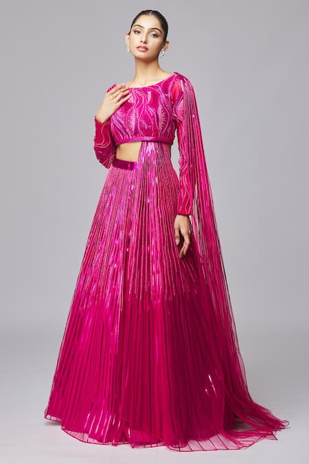 Amit Aggarwal Fuchsia Tulle Embroidered Striped Boat Metallic Lehenga Set 