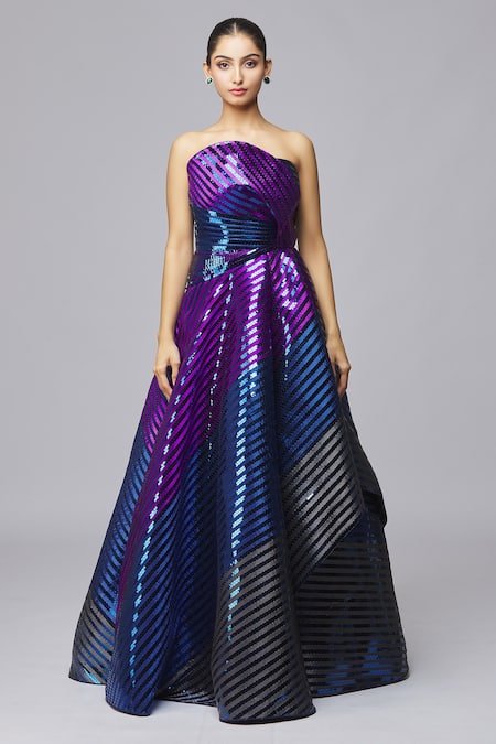 Amit Aggarwal_Blue Maheshwari Sequins Asymmetric, Bandeau Neck Metallic Striped Gown _at_Aza_Fashions