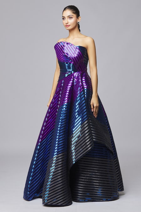 Amit Aggarwal_Blue Maheshwari Sequins Asymmetric, Bandeau Neck Metallic Striped Gown _Online_at_Aza_Fashions