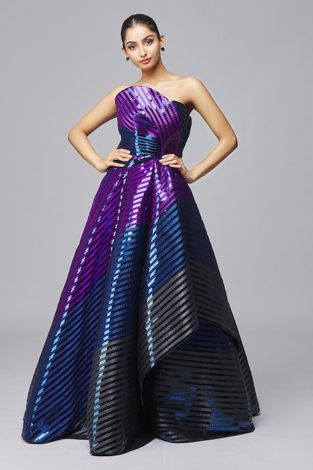 Buy_Amit Aggarwal_Blue Maheshwari Sequins Asymmetric, Bandeau Neck Metallic Striped Gown _Online_at_Aza_Fashions