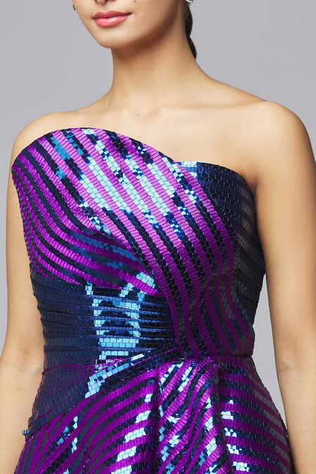 Shop_Amit Aggarwal_Blue Maheshwari Sequins Asymmetric, Bandeau Neck Metallic Striped Gown _Online_at_Aza_Fashions