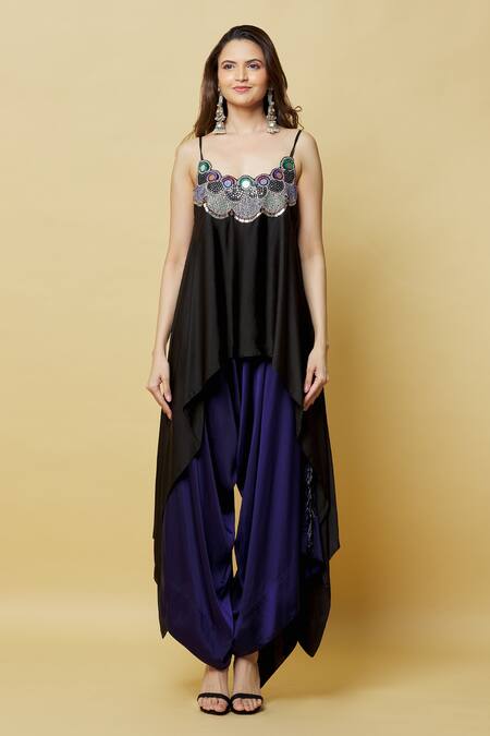 Nupur Kanoi Black Satin Sequins Scoop Neck Scallop Neckline Top And Draped Pant Set at Aza Fashions Nupur Kanoi_Black Satin Sequins Scoop Neck Scallop Neckline Top And Draped Pant Set_at_Aza_Fashions