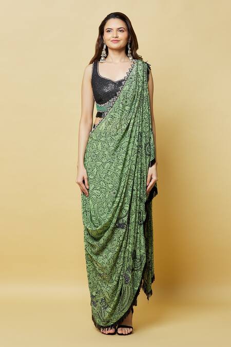 Nupur Kanoi_Green Crepe Sequins, Beads Asymmetric Floral Print Pre-draped Saree With Blouse_at_Aza_Fashions