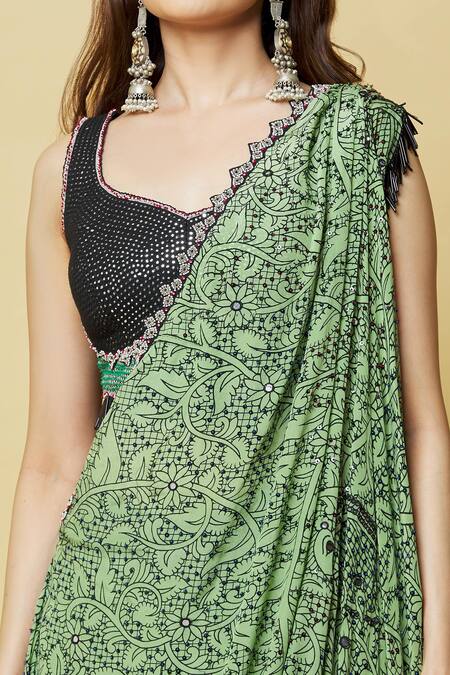 Nupur Kanoi_Green Crepe Sequins, Beads Asymmetric Floral Print Pre-draped Saree With Blouse_Online_at_Aza_Fashions
