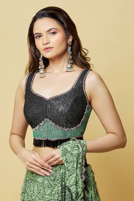 Buy_Nupur Kanoi_Green Crepe Sequins, Beads Asymmetric Floral Print Pre-draped Saree With Blouse_Online_at_Aza_Fashions
