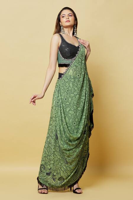 Shop_Nupur Kanoi_Green Crepe Sequins, Beads Asymmetric Floral Print Pre-draped Saree With Blouse_Online_at_Aza_Fashions