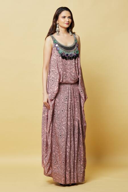 Nupur Kanoi Pink Silk Beads, Mirrors Scoop Neck Floral Print Maxi Dress Online at Aza Fashions Nupur Kanoi_Pink Silk Beads, Mirrors Scoop Neck Floral Print Maxi Dress_Online_at_Aza_Fashions