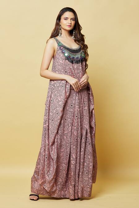 Shop Nupur Kanoi Pink Silk Beads, Mirrors Scoop Neck Floral Print Maxi Dress Online at Aza Fashions Shop_Nupur Kanoi_Pink Silk Beads, Mirrors Scoop Neck Floral Print Maxi Dress_Online_at_Aza_Fashions