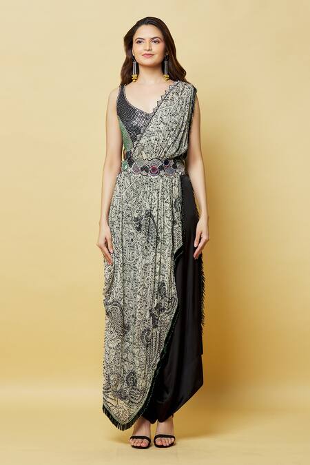 Buy Nupur Kanoi Off White Georgette, Crepe, Floral Print Pre-draped Palla Saree With Blouse Online at Aza Fashions Buy_Nupur Kanoi_Off White Georgette, Crepe, Floral Print Pre-draped Palla Saree With Blouse_Online_at_Aza_Fashions