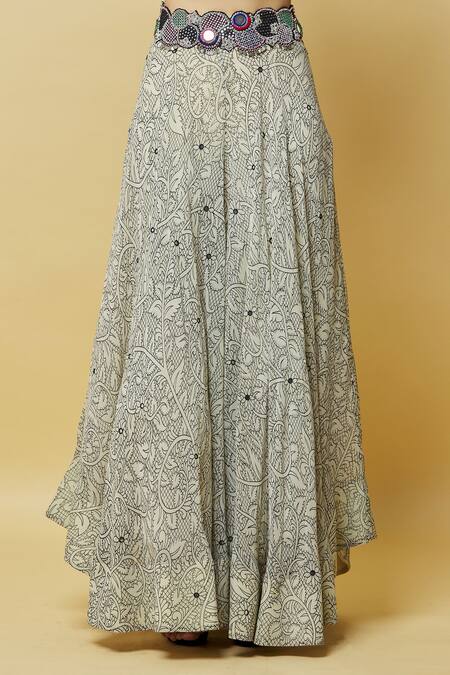 Nupur Kanoi_Off White Crepe, Georgette Fringe, Peacock Print Kaftan Jacket And Pant Set_at_Aza_Fashions