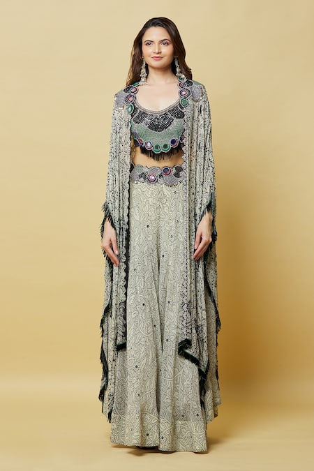 Buy_Nupur Kanoi_Off White Crepe, Georgette Fringe, Peacock Print Kaftan Jacket And Pant Set_Online_at_Aza_Fashions