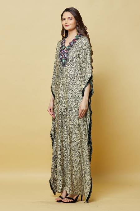 Nupur Kanoi_Off White Crepe Tassels, Mirrors V-neck Embroidered Neckline Jumpsuit_Online_at_Aza_Fashions