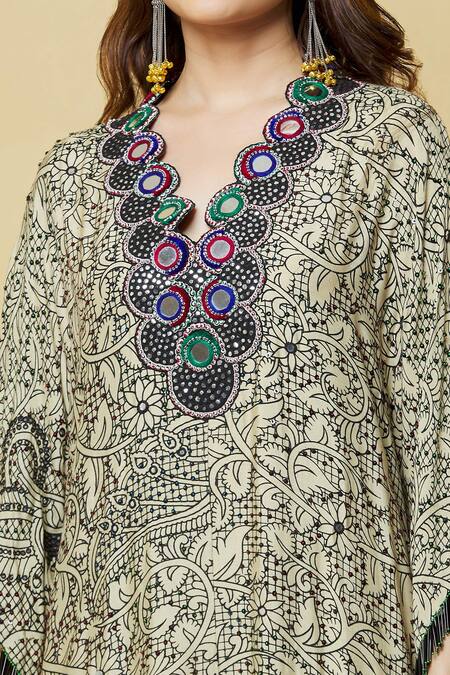 Buy_Nupur Kanoi_Off White Crepe Tassels, Mirrors V-neck Embroidered Neckline Jumpsuit_Online_at_Aza_Fashions