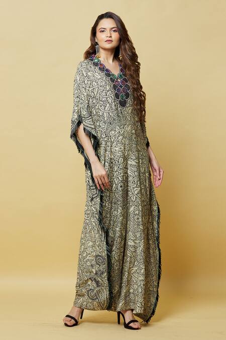 Shop_Nupur Kanoi_Off White Crepe Tassels, Mirrors V-neck Embroidered Neckline Jumpsuit_Online_at_Aza_Fashions