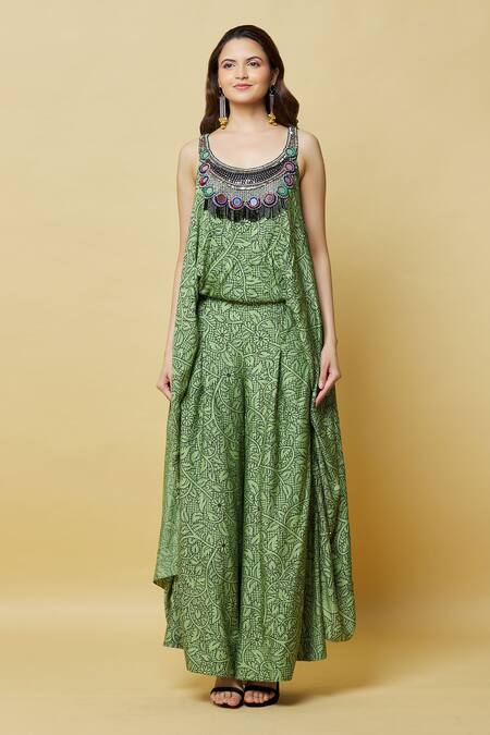 Nupur Kanoi_Green Silk, Brocade Mirrors, Beads Scoop Neck Embroidered Yoke Jumpsuit_at_Aza_Fashions