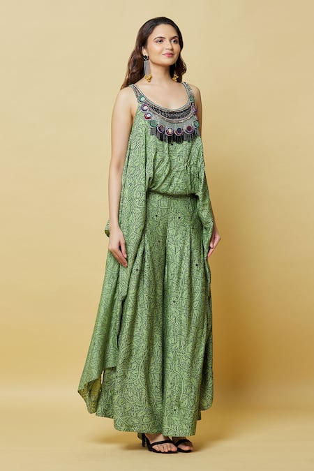 Nupur Kanoi_Green Silk, Brocade Mirrors, Beads Scoop Neck Embroidered Yoke Jumpsuit_Online_at_Aza_Fashions
