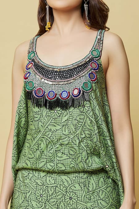 Buy_Nupur Kanoi_Green Silk, Brocade Mirrors, Beads Scoop Neck Embroidered Yoke Jumpsuit_Online_at_Aza_Fashions