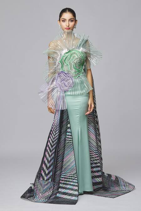Amit Aggarwal_Multi Color Handwoven Tulle Embroidered Floral Structured Draped Gown  _at_Aza_Fashions