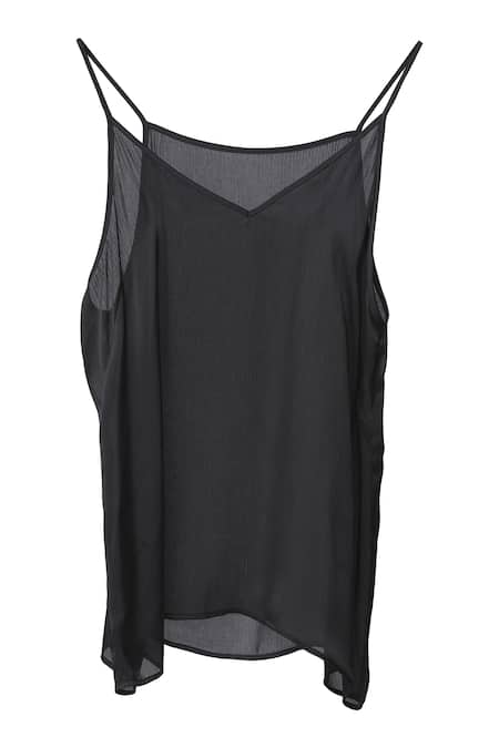 Shop_Amit Aggarwal_Black Chiffon Striped Straight Asymmetric Top _Online_at_Aza_Fashions