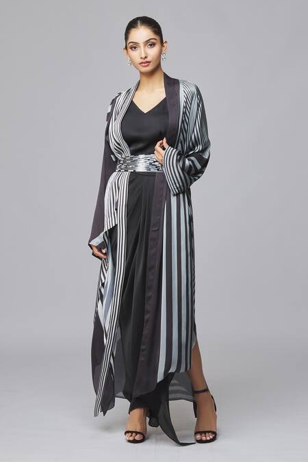 Shop_Amit Aggarwal_Black Chiffon Striped Cape And Skirt Set  _Online_at_Aza_Fashions