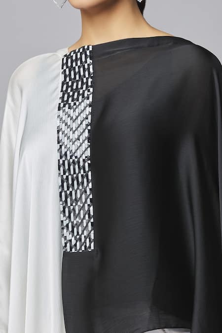 Amit Aggarwal_Black Chiffon Round Neck Colorblock Draped Top_Online_at_Aza_Fashions