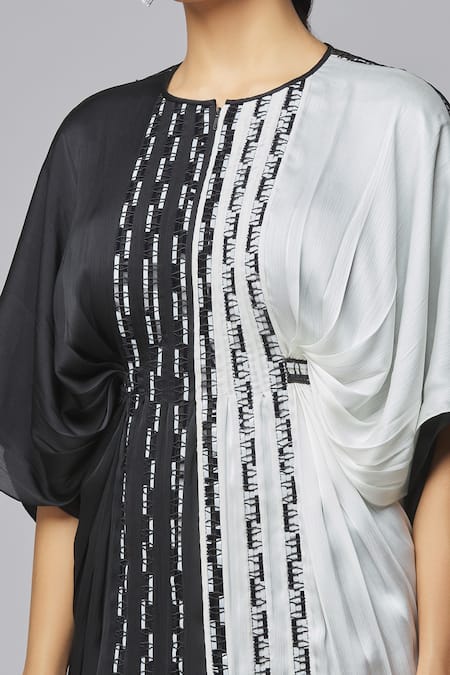 Buy_Amit Aggarwal_Black Chiffon Embroidery Round Neck Colorblock Dress_Online_at_Aza_Fashions