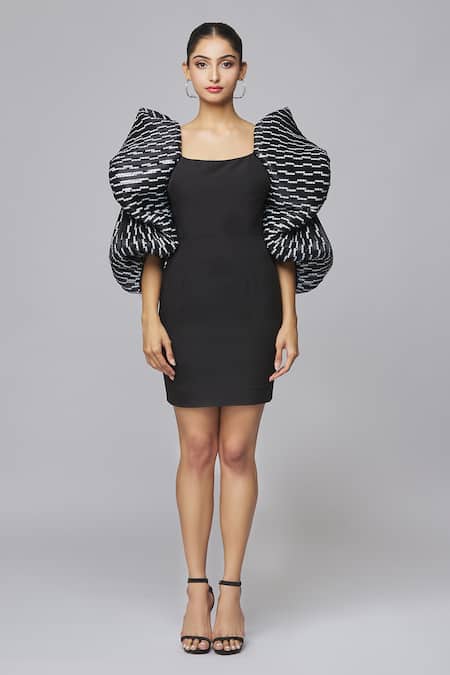 Amit Aggarwal Black Crepe Embroidery Scoop Neck Oversize Balloon Sleeve Dress at Aza Fashions Amit Aggarwal_Black Crepe Embroidery Scoop Neck Oversize Balloon Sleeve Dress _at_Aza_Fashions