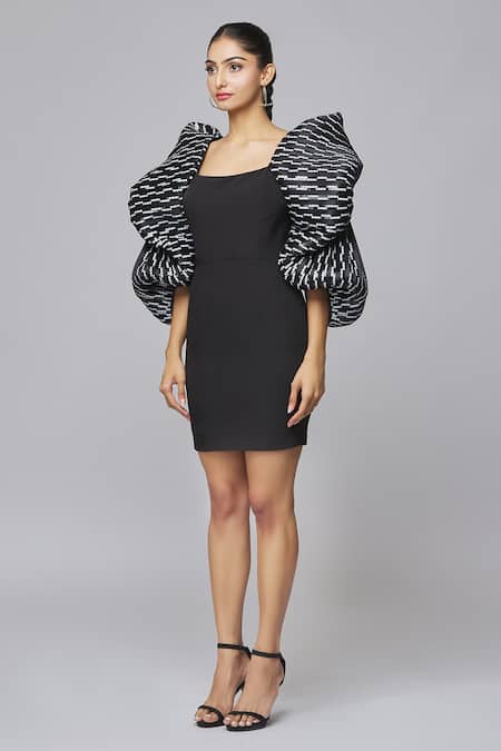 Amit Aggarwal Black Crepe Embroidery Scoop Neck Oversize Balloon Sleeve Dress Online at Aza Fashions Amit Aggarwal_Black Crepe Embroidery Scoop Neck Oversize Balloon Sleeve Dress _Online_at_Aza_Fashions