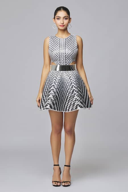 Amit Aggarwal Silver Satin Round Neck Metallic Structured Dress Online at Aza Fashions Amit Aggarwal_Silver Satin Round Neck Metallic Structured Dress _Online_at_Aza_Fashions