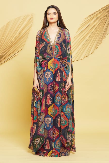 Rajat K Tangri Multi Color Georgette Embroidery V-neck Mughal Jaal Motifs Draped Jumpsuit Online at Aza Fashions Rajat K Tangri_Multi Color Georgette Embroidery V-neck Mughal Jaal Motifs Draped Jumpsuit _Online_at_Aza_Fashions